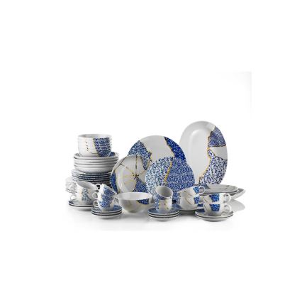 Порцеланов комплект за хранене, 28 части, бял/златен/син