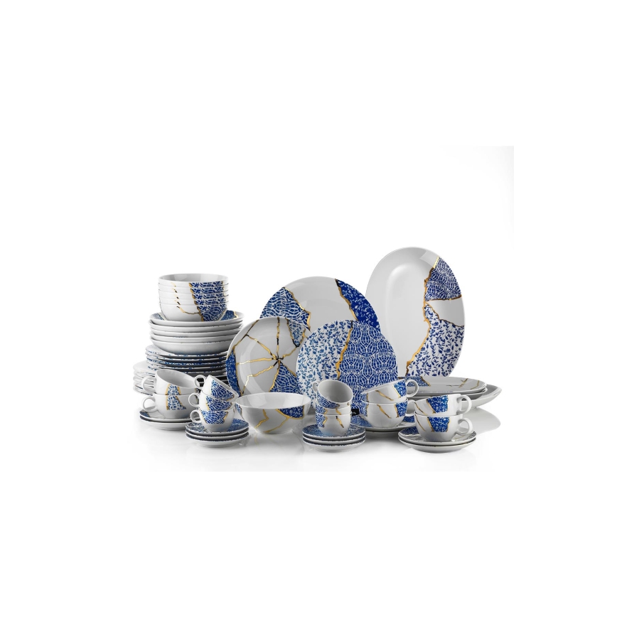 Порцеланов комплект за хранене, 28 части, бял/златен/син