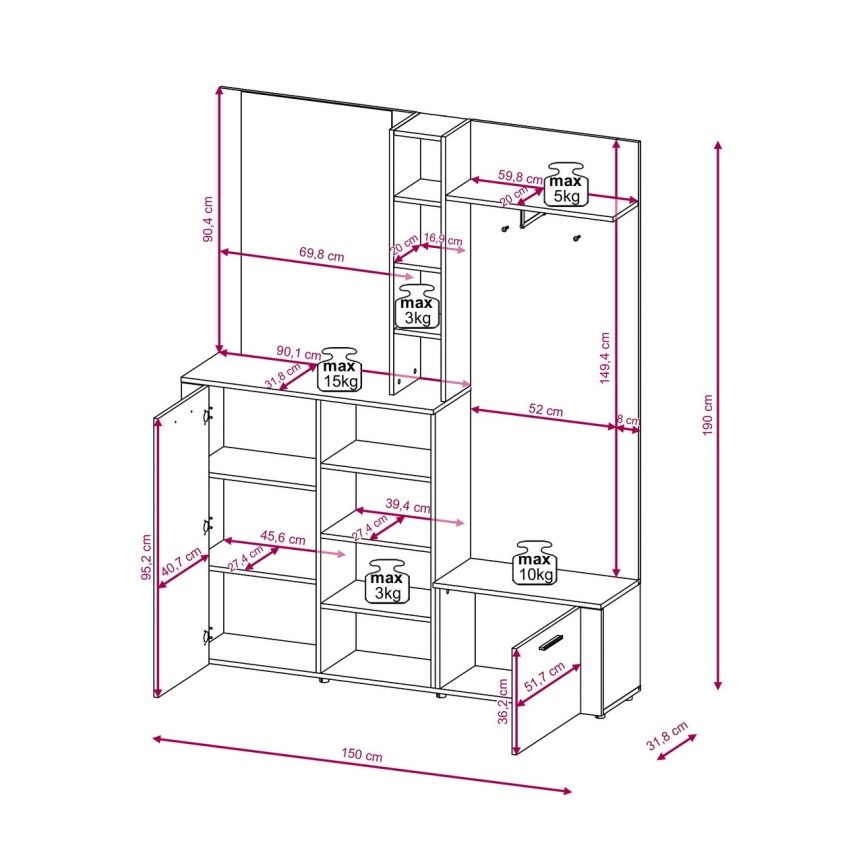 Портманто с огледало KEVIN кафяво/бяло