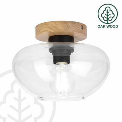 Потолно осветително тяло FLO WOOD 1xE27/15W/230V, дъб/прозрачно стъкло, Ø 22 см