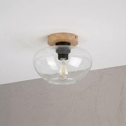 Потолно осветително тяло FLO WOOD 1xE27/15W/230V, дъб/прозрачно стъкло, Ø 22 см