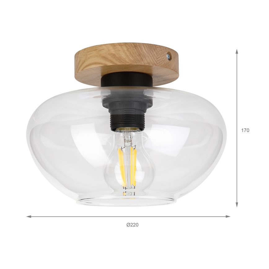 Потолно осветително тяло FLO WOOD 1xE27/15W/230V, дъб/прозрачно стъкло, Ø 22 см