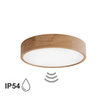Потолочно осветително тяло за баня със сензор CLEO 4xE27/24W/230V Ø 47,5 cm IP54 дъб