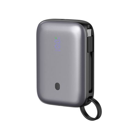 Преносима батерия 10000 mAh 20W Power Delivery Компактна с вграден USB-C кабел за навиване 1м, черна