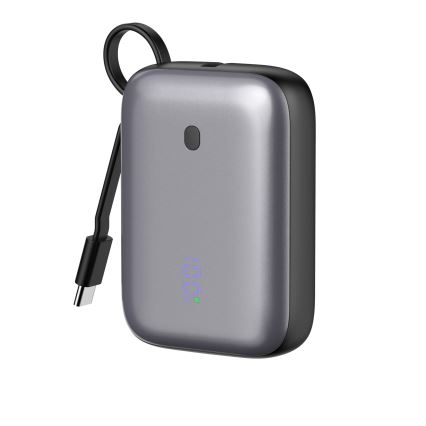 Преносима батерия 10000 mAh 20W Power Delivery Компактна с вграден USB-C кабел за навиване 1м, черна