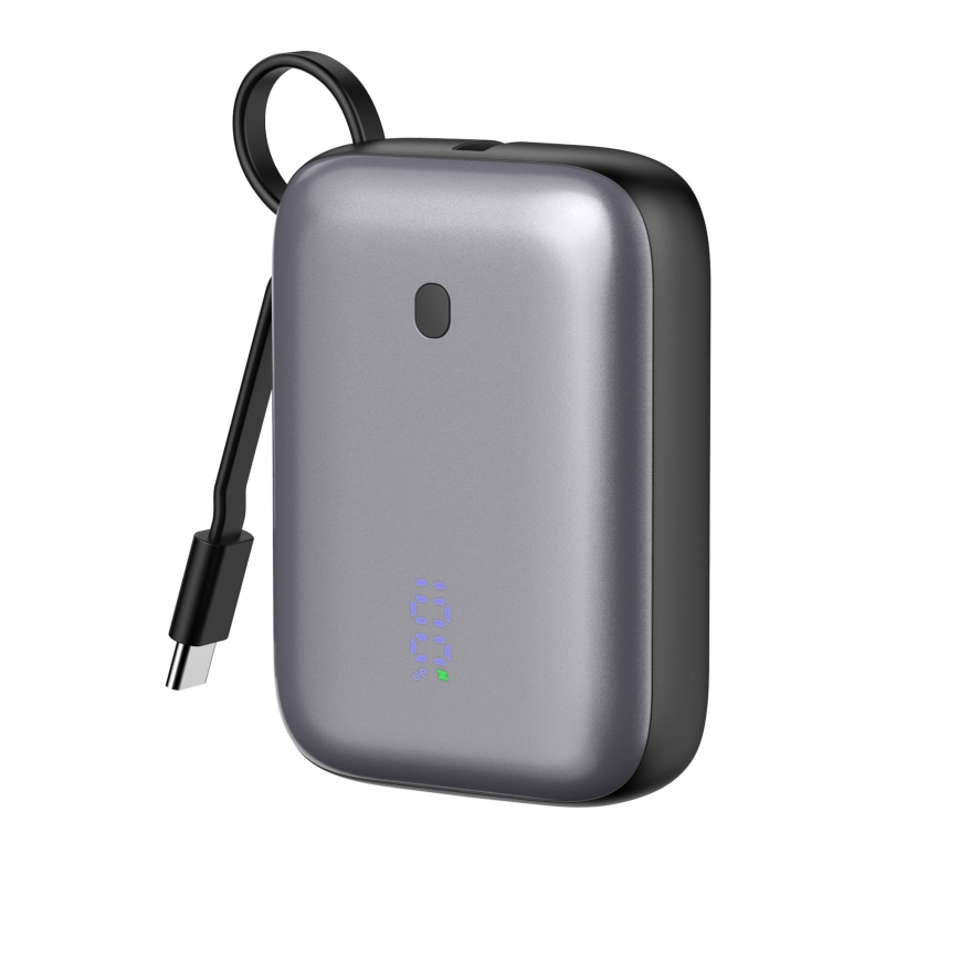Преносима батерия 10000 mAh 20W Power Delivery Компактна с вграден USB-C кабел за навиване 1м, черна