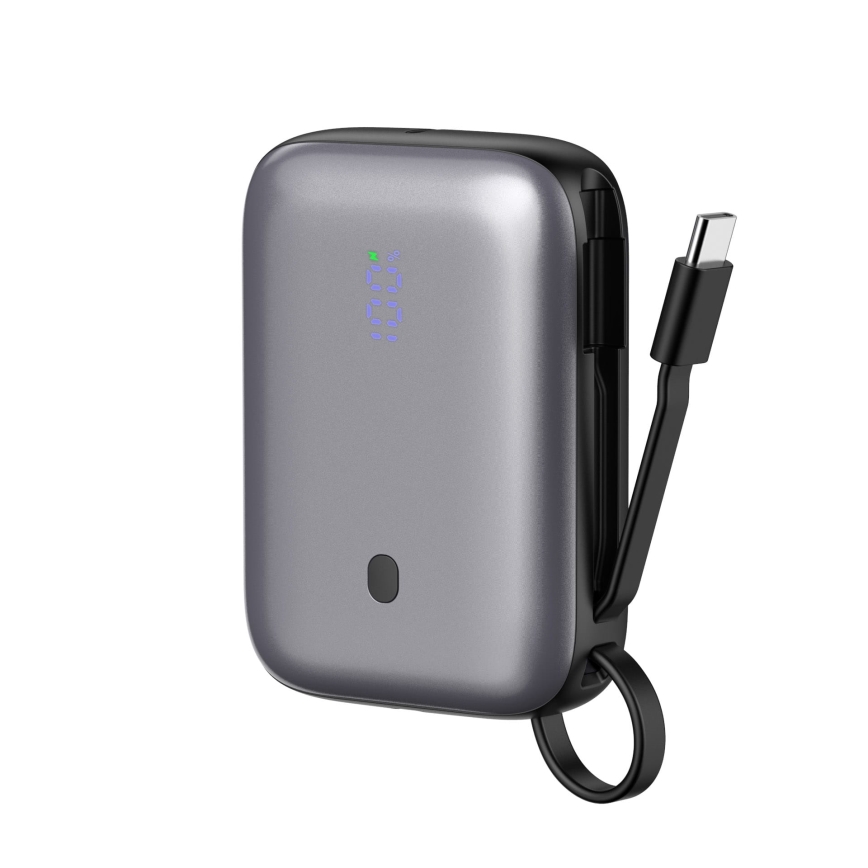 Преносима батерия 10000 mAh 20W Power Delivery Компактна с вграден USB-C кабел за навиване 1м, черна