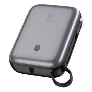 Преносима батерия 10000 mAh 20W Power Delivery Компактна с вграден USB-C кабел за навиване 1м, черна