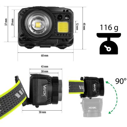 LED презареждаем челник с регулируема яркост, със сензор и червена светлина LED/6W/5V/3xAAA IP66 500 lm 1200 mAh