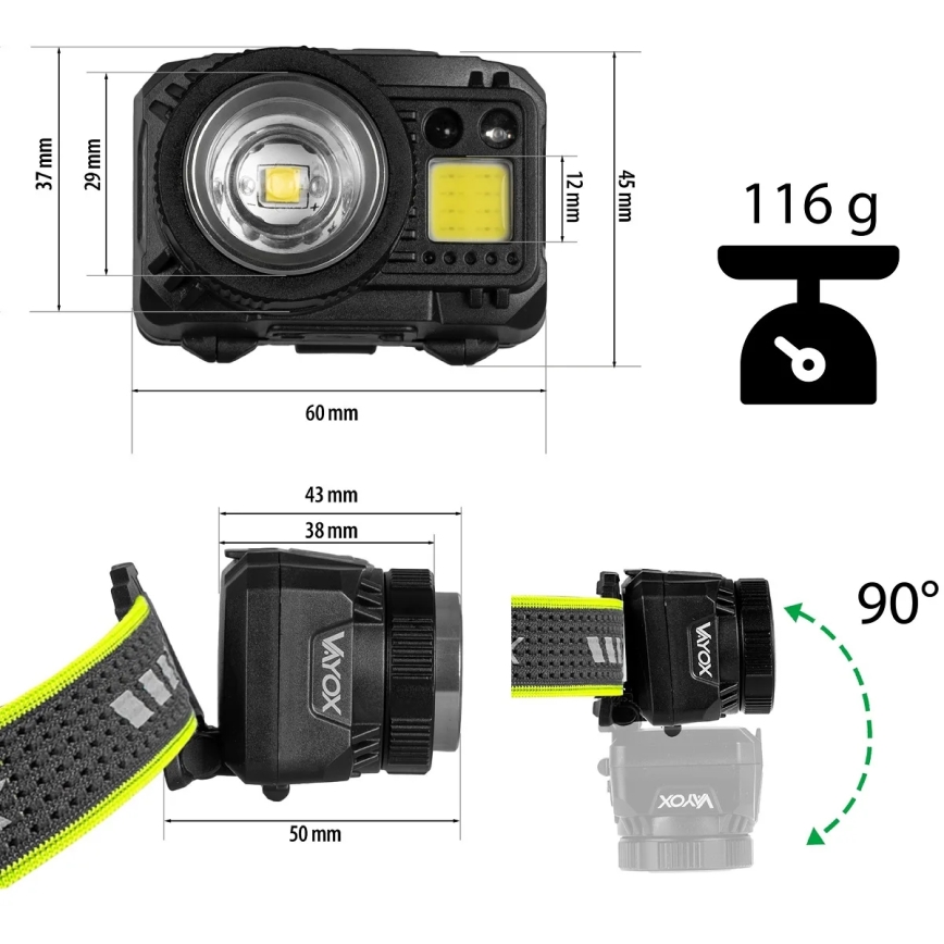 LED презареждаем челник с регулируема яркост, със сензор и червена светлина LED/6W/5V/3xAAA IP66 500 lm 1200 mAh