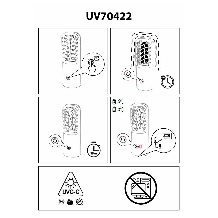 Prezent 70422 - Преносима бактерицидна лампа за дезинфекция UVC/2,5W/5V USB