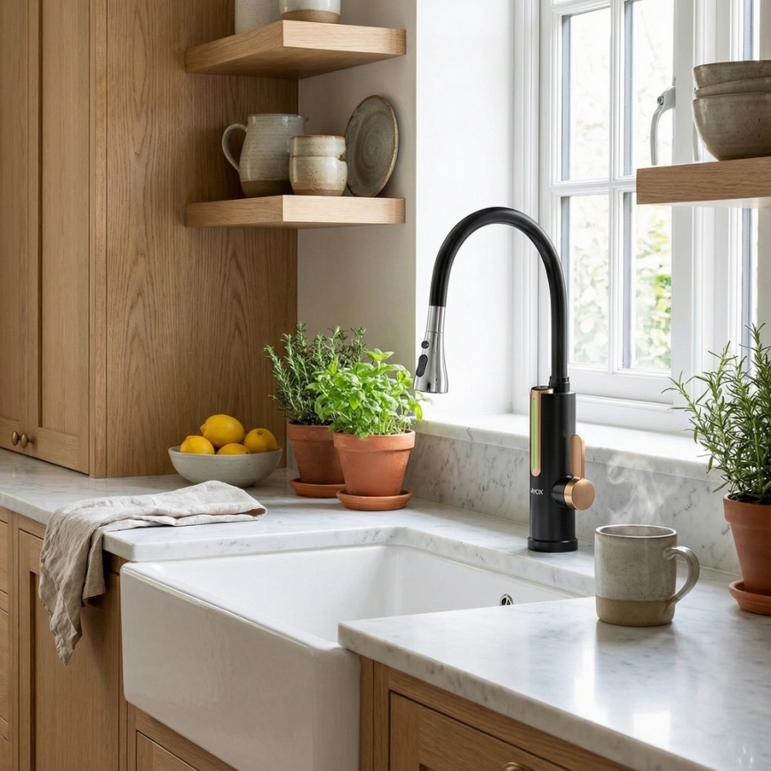 Проточен водонагревател с LED дисплей 3000W/230V IPX4 черно/златно