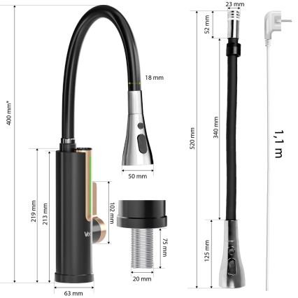 Проточен водонагревател с LED дисплей 3000W/230V IPX4 черно/златно