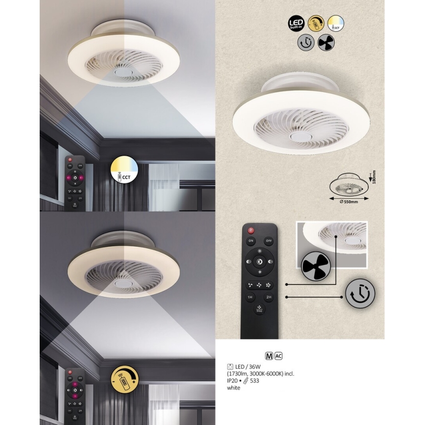 Rabalux - LED Димируема лампа с вентилатор DALFON LED/36W/230V 3000-6000K + дистанционно