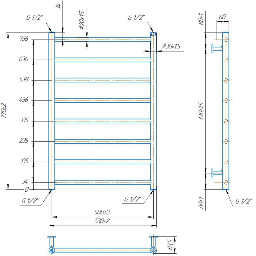 Радиатор-стълба за баня INOX FLAT 163W/230V 77x53 cm инокс/черен