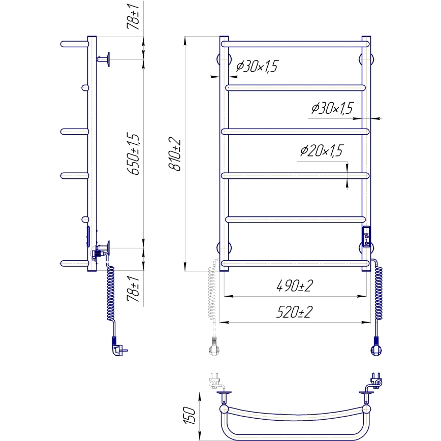 Радиатор за баня тип стълба LUX 105W/230V 81x52 cm неръждаема стомана/бял, десен