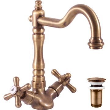 RAV Slezák MK121.0/8SM - Смесител за умивалник/кухненска мивка + изпускател MORAVA RETRO 22,4 cm стар месинг