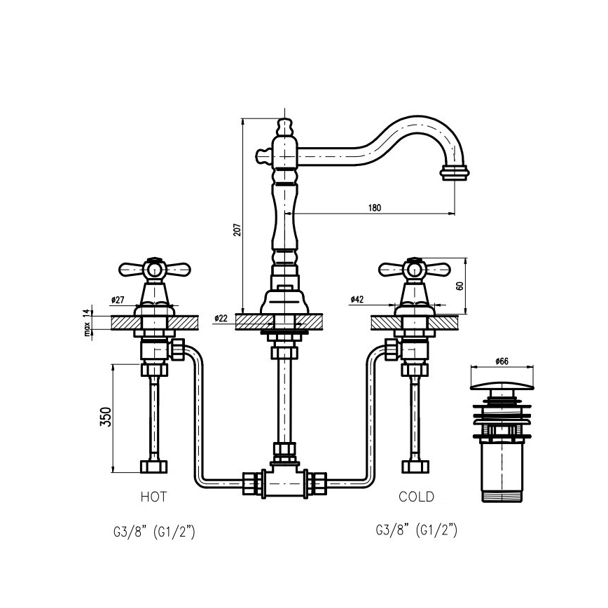 RAV Slezák MK132.0SM - Смесител за умивалник + изпускател MORAVA RETRO античен месинг