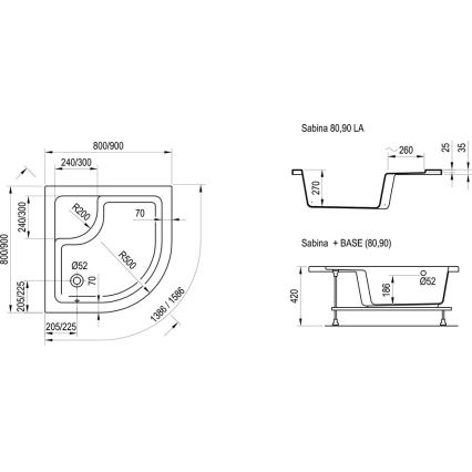 Ravak A217001020 - Четвърткръгла ваничка за душ SABINA 90x90 см бяла