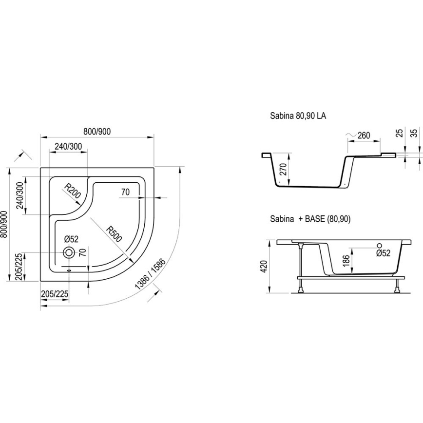 Ravak A217001020 - Четвърткръгла ваничка за душ SABINA 90x90 см бяла