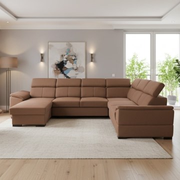 Разтегателен холов ъглов диван GRANADA с универсален U-образен ъгъл и място за съхранение, кафяв