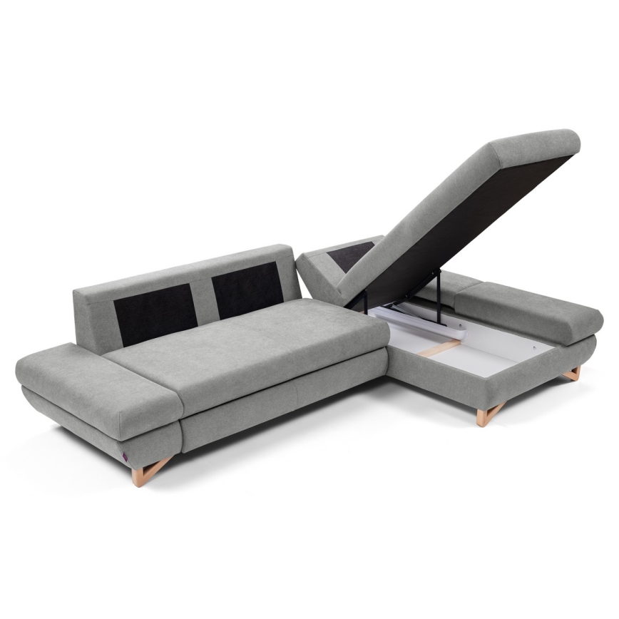 Разтегателен ъглов тапициран диван с ракла в L форма AVESTA, десен, сив