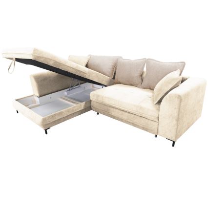 Разтегателен ъглов диван LAGOA (L-образен) с ракла за съхранение, ляв, бежов/кафяв