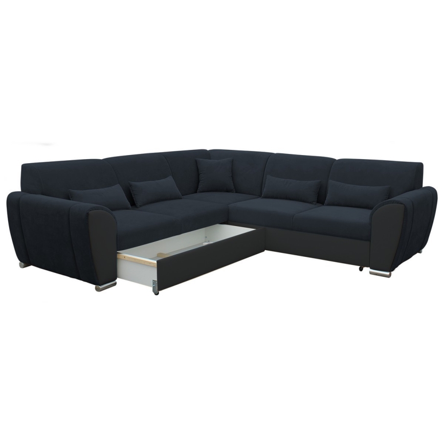 Разтегателен L-образен ъглов диван VISEU с вместителна ракла, лява конфигурация, антрацит/черно