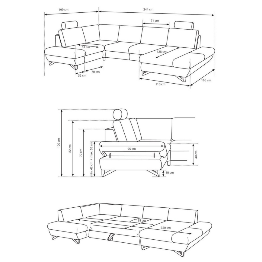 Разтегателен U-образен тапициран ъглов диван с ракла AVESTA, сив