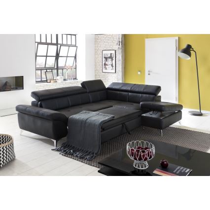 Разтегателен кожен ъглов диван в L форма SALERNO II, десен, черен
