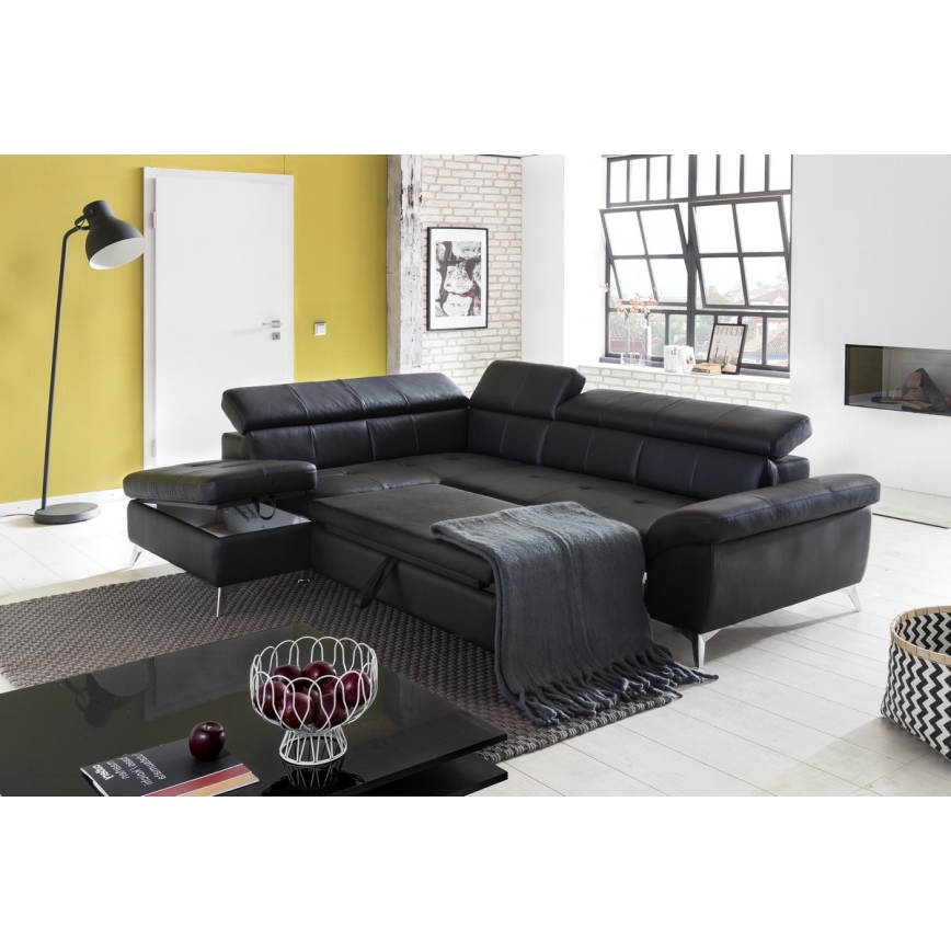 Разтегателен кожен ъглов диван в L форма SALERNO II ляв, черен