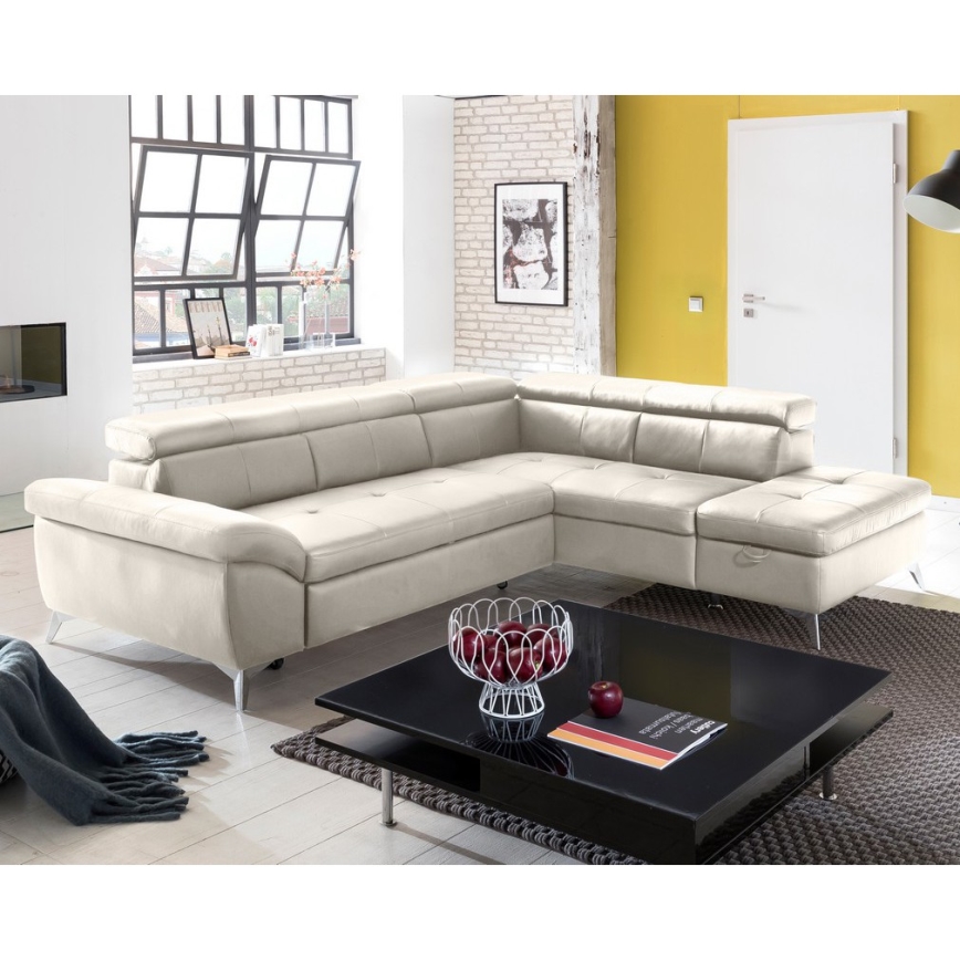 Разтегателен кожен ъглов диван в L форма SALERNO II, десен, бежов