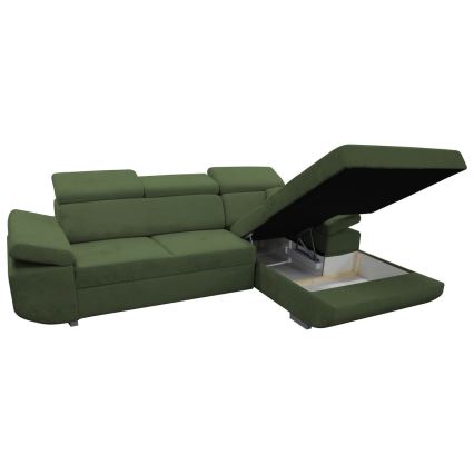 Разтегателен ъглов диван CASTELO, L-образен, с вградено място за съхранение — десен, зелен