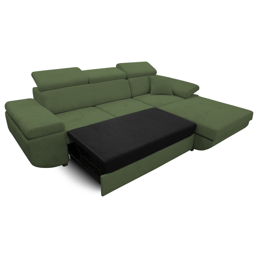 Разтегателен ъглов диван CASTELO, L-образен, с вградено място за съхранение — десен, зелен