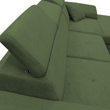 Разтегателен ъглов диван CASTELO с място за съхранение, в L форма, десен, зелен