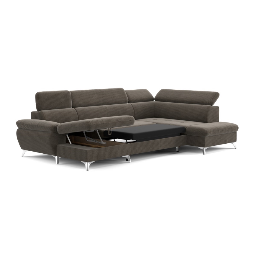 Разтегателен ъглов диван с ракла във формата на U CATANIA, десен, кафяв