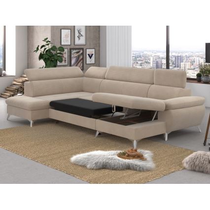 Разтегателен ъглов диван с ракла във форма на U CATANIA ляв бежов