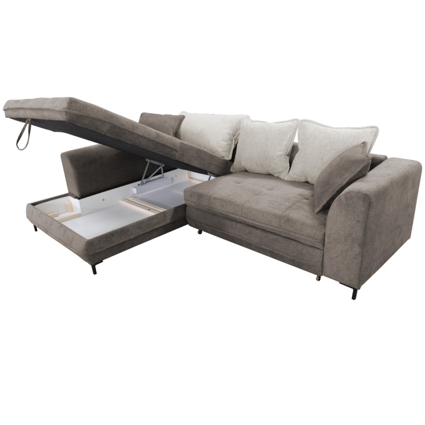 Разтегателен ъглов диван LAGOA с ракла, L-образен, ляв, таупе/сив