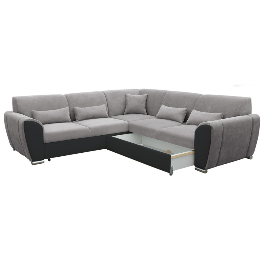 Разтегателен ъглов диван с място за съхранение, L-образен VISEU, дясна, сиво/черно