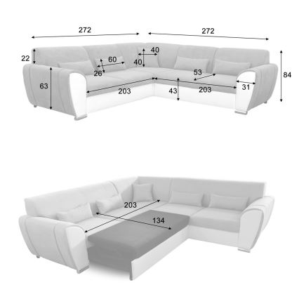 Разтегателен ъглов диван с място за съхранение, L-образен VISEU, ляв, сив/бял