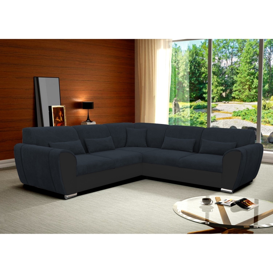 Разтегателен ъглов диван с място за съхранение тип L VISEU, дясна конфигурация, антрацит/черен