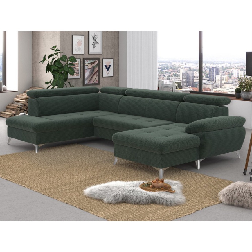Разтегателен ъглов диван с ракла във форма на U CATANIA, ляв, зелен