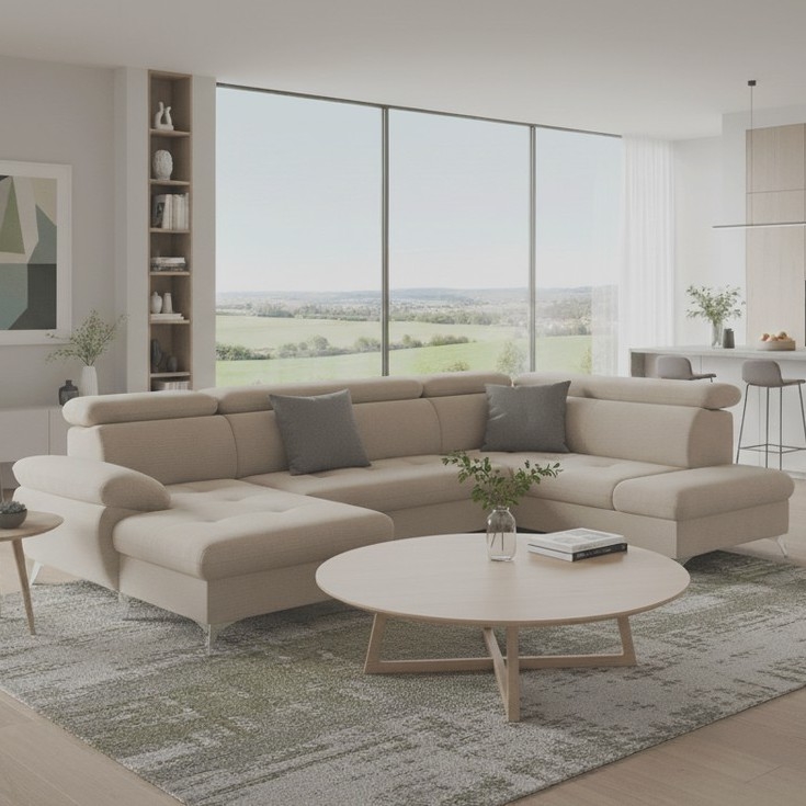 Разтегателен ъглов диван с ракла във формата на U CATANIA, десен, бежов