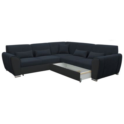Разтегателен ъглов диван с място за съхранение тип L VISEU, дясна конфигурация, антрацит/черен