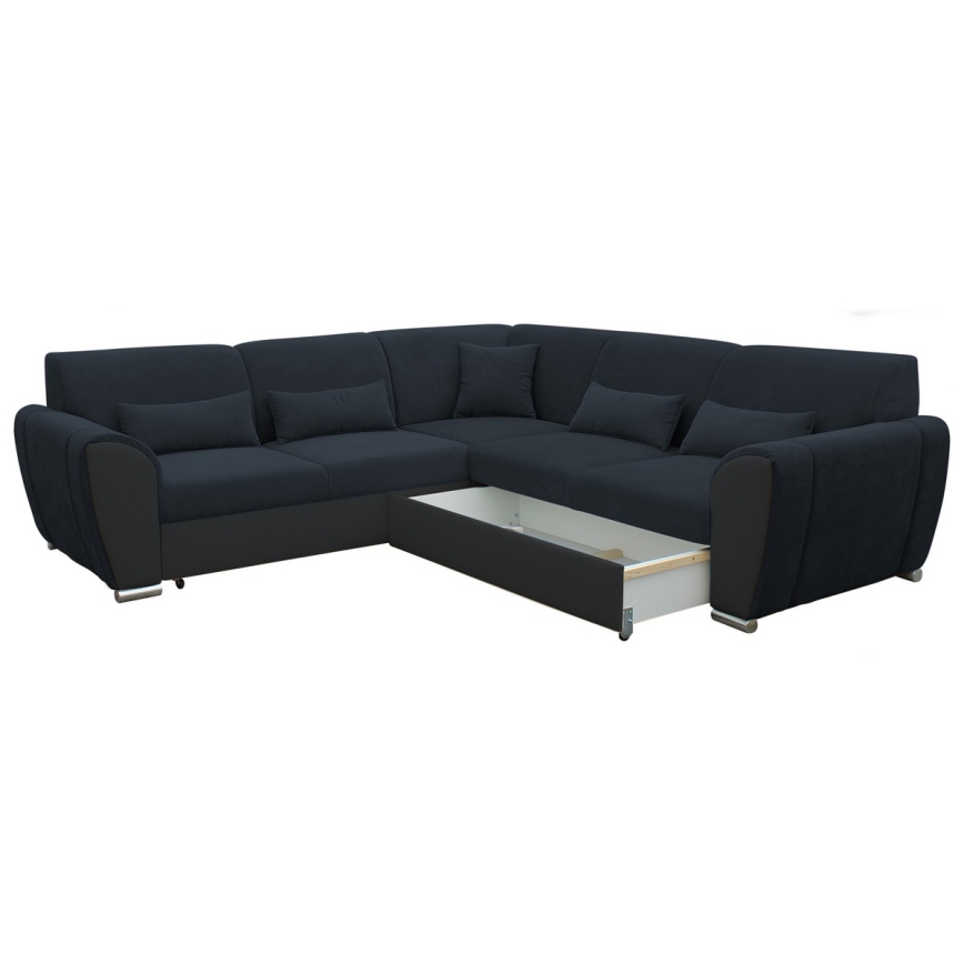 Разтегателен ъглов диван VISEU, L-образен, дясна конфигурация, с ракла за съхранение, антрацит/черен