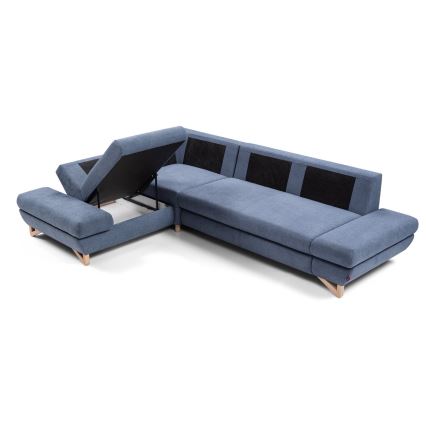 Разтегателен ъглов тапициран диван с място за съхранение в L форма AVESTA, ляв, син