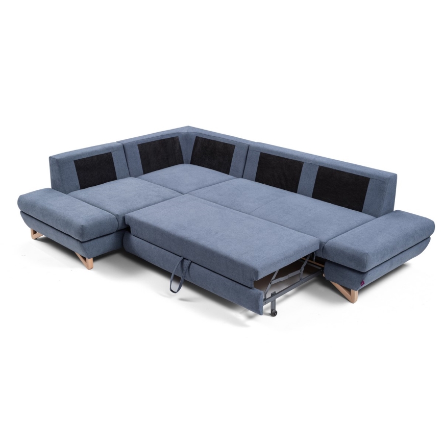 Разтегателен ъглов тапициран диван с място за съхранение в L форма AVESTA, ляв, син