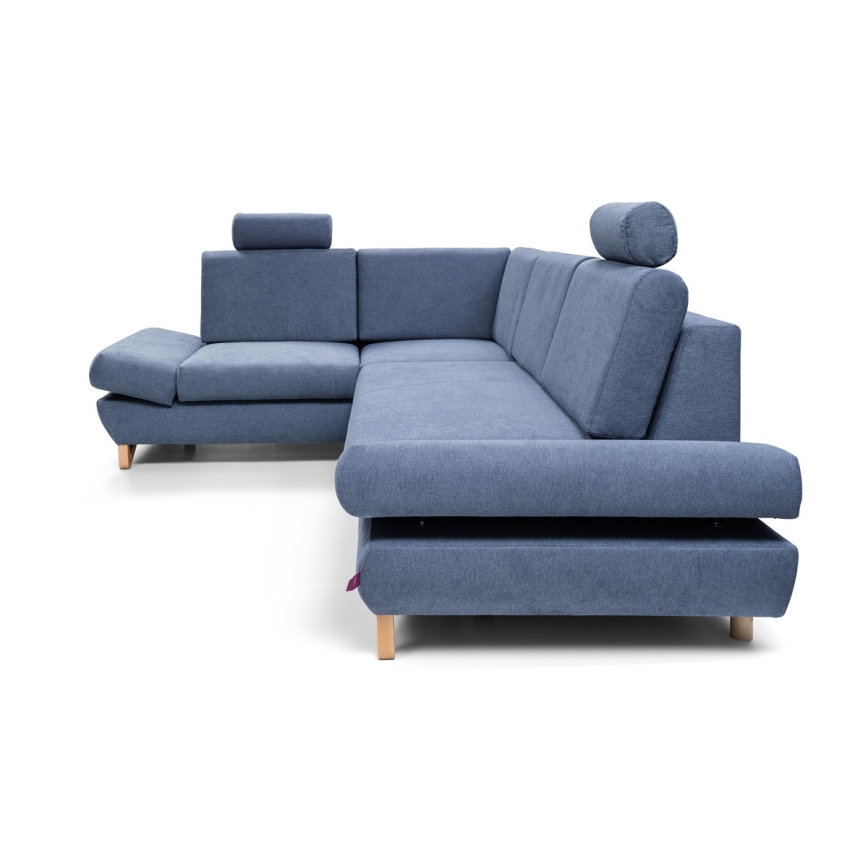 Разтегателен ъглов тапициран диван с място за съхранение в L форма AVESTA, ляв, син