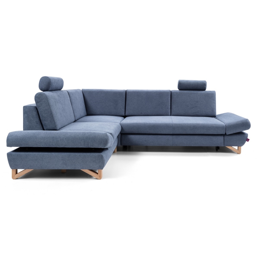 Разтегателен ъглов тапициран диван с място за съхранение в L форма AVESTA, ляв, син