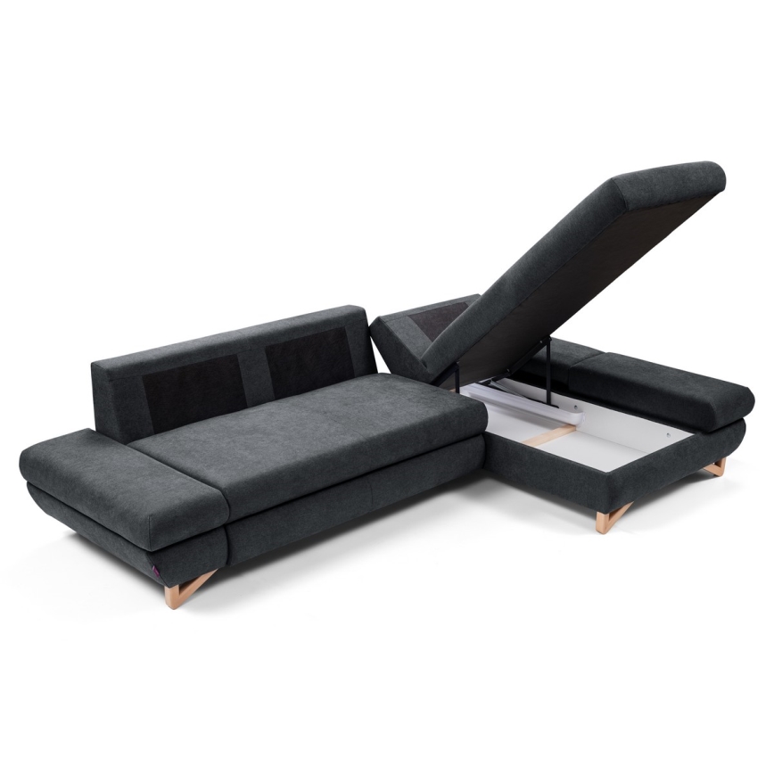 Разтегателен тапициран ъглов диван AVESTA, L-образен, с място за съхранение, десен, антрацит